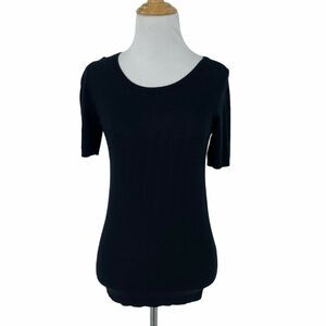 Stile Benetton Silk Blend Shirt Womens Size S Black Short Sleeve Ribbed Trim Top